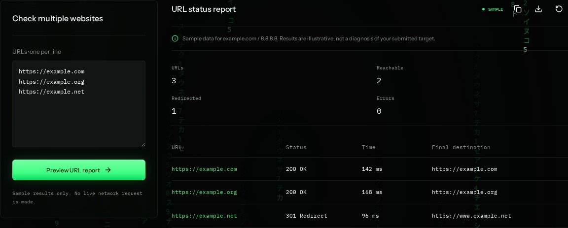 Bulk URL status input settings and example results in SiteTrace