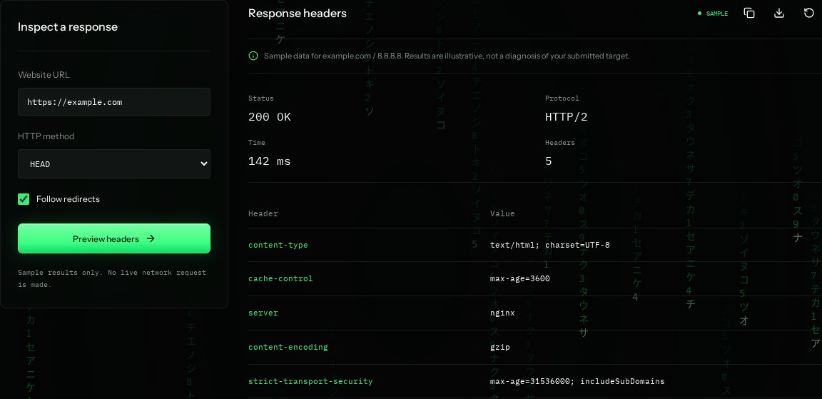 HTTP headers input settings and example results in SiteTrace
