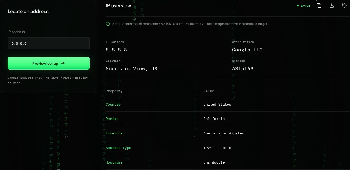 IP lookup input settings and example results in SiteTrace