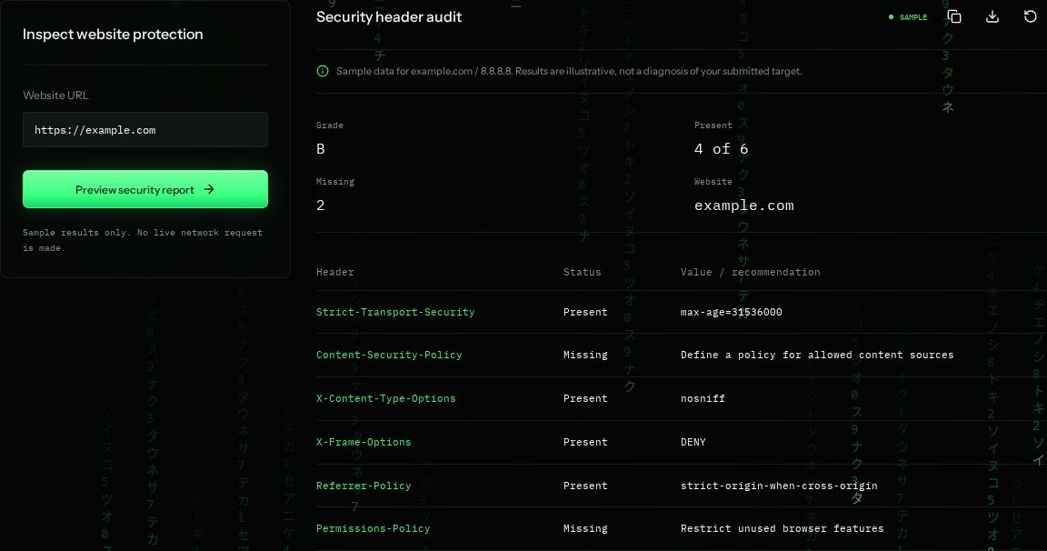 Security headers input settings and example results in SiteTrace