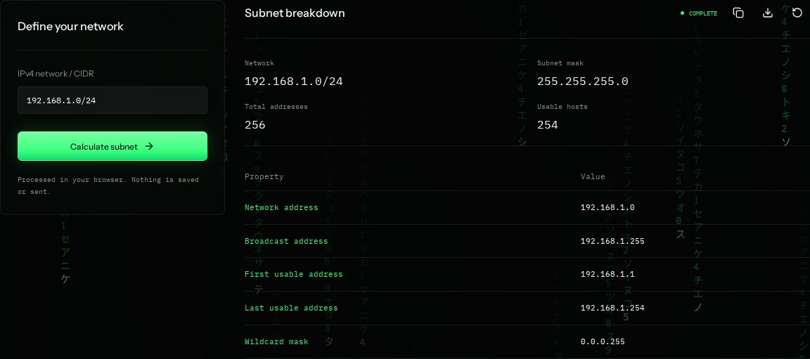 Subnet calculator input settings and example results in SiteTrace